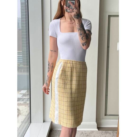 90s Vintage Yellow Plaid Tweed Pencil Skirt Sz 4-6 Pastel Light Academia Preppy - Picture 2 of 12